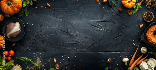 black wooden table with an empty center, chicken meat, pumpkin, carrot, fall vibe