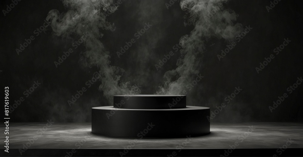 Dramatic black podium with smoky background for product display. Dramatic black podium with smoky background for product display.