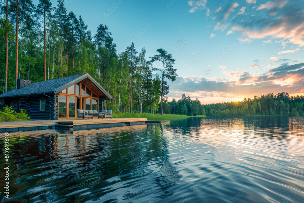 Wooden cabin on calm lake during sunset Wooden cabin on calm lake during sunset