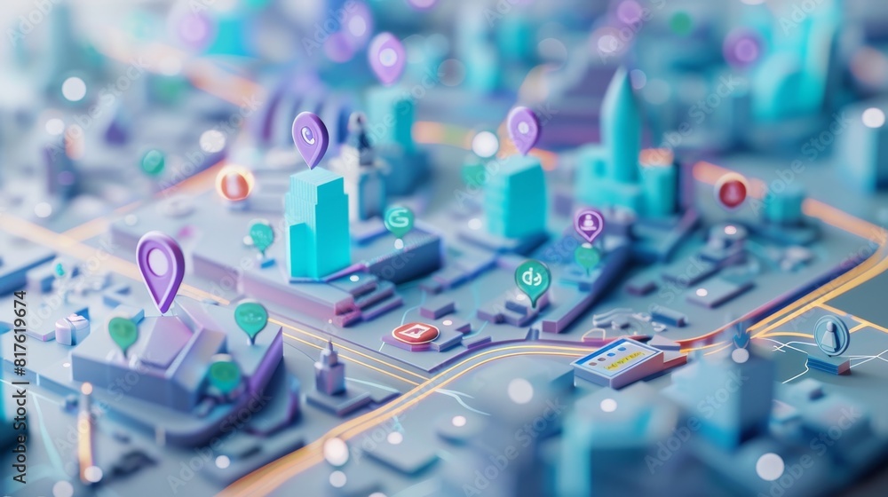 A city map with many buildings and a lot of traffic lights. The buildings are in different colors and sizes A city map with many buildings and a lot of traffic lights. The buildings are in different colors and sizes
