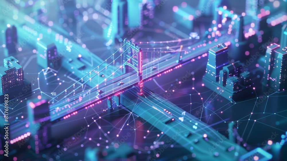 Obraz premium A cityscape with a bridge and cars on it. The bridge is lit up with neon lights and the cars are moving. Scene is futuristic and urban