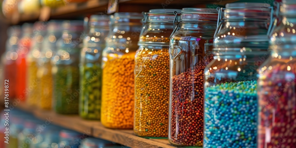 Row of Colorful Glass Jars on a Shelf