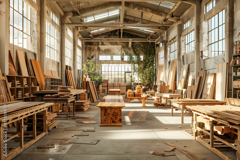 Sunlit carpentry workshop with wood and tools Sunlit carpentry workshop with wood and tools