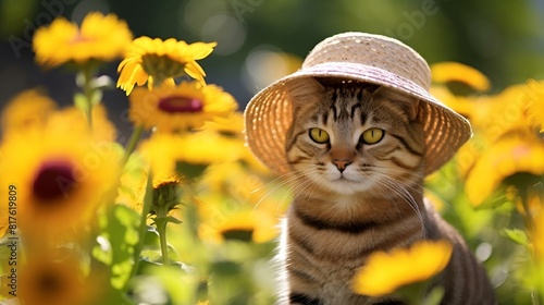 AI generated illustration of a cat wearing a straw hat in a sunflower field photo