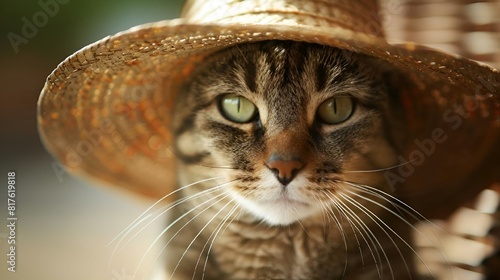 AI generated illustration of a cat wearing a straw hat photo