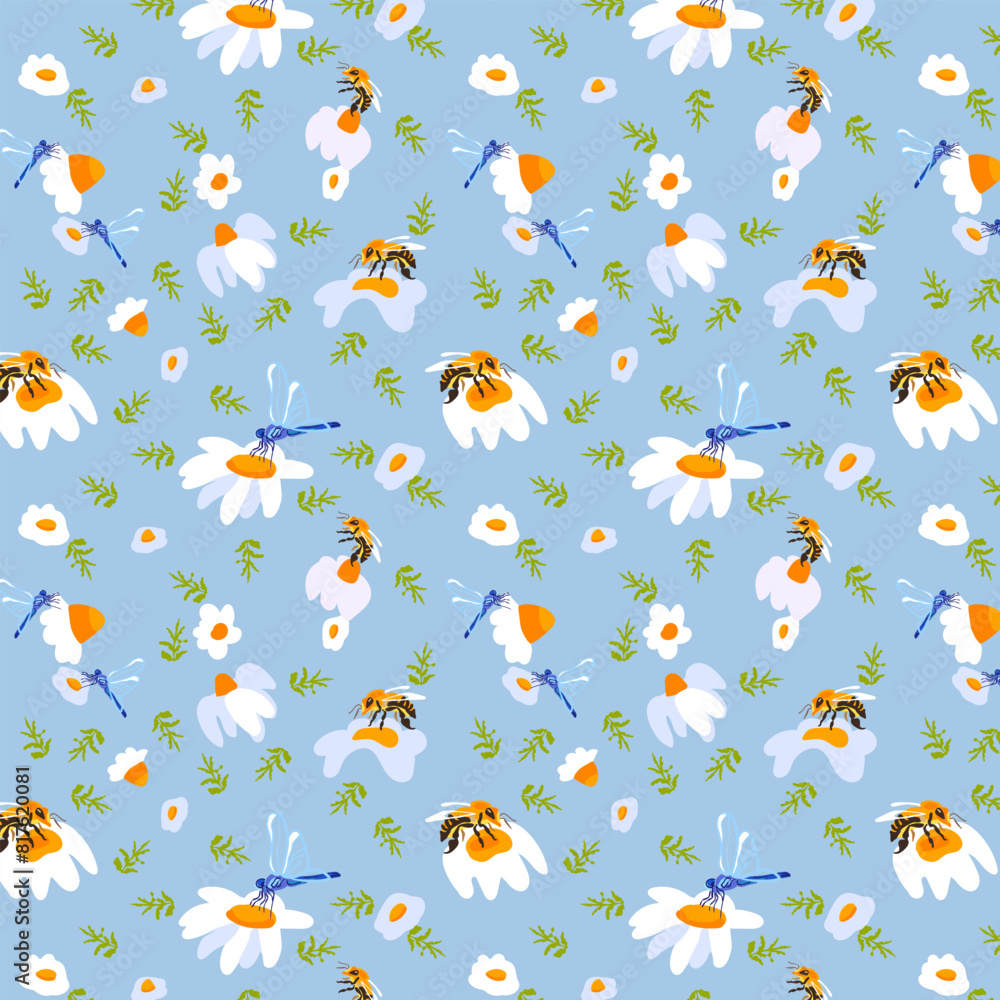 Summer background daisy bee Light blue seamless pattern spring white meadow flower green leaves ornament wrapping fabric wallpaper textile mosaic Summer background daisy bee Light blue seamless pattern spring white meadow flower green leaves ornament wrapping fabric wallpaper textile mosaic