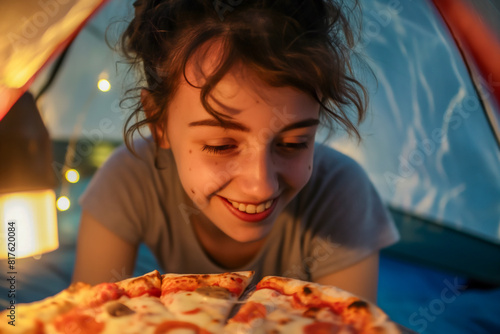 AI generated illustration of a teenage girl preparing to a takeaway pizza in a tent