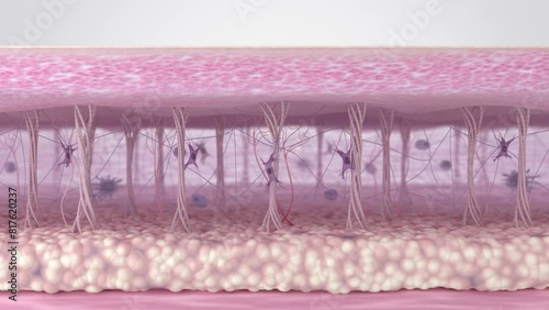 Fibroblast activation and collagen fibers regeneration in the skin extracellular matrix. Cross-section of skin tissues before and after anti-aging wrinkle reduction treatment. 3d animation