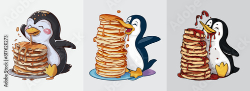 Happy penguin eating pancakes vector, Generative AI