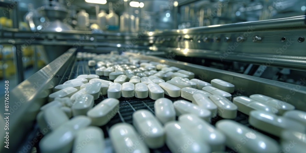 White Pills on a Conveyor Belt in a Factory White Pills on a Conveyor Belt in a Factory