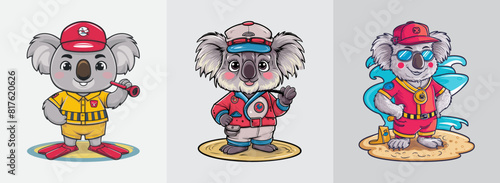 Koala in lifeguard clothes watches the beach vector, Generative AI