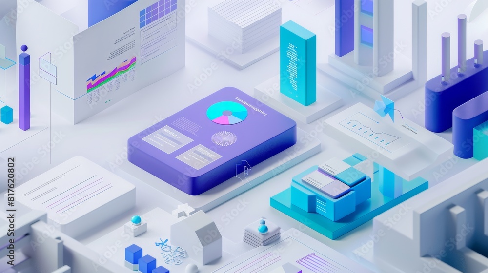 A computer screen shows a blue and purple image of a city with buildings and a tablet with a pie chart on it A computer screen shows a blue and purple image of a city with buildings and a tablet with a pie chart on it