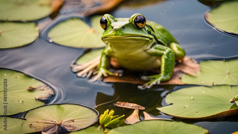 Green frog in small pond with lotus background. Green frog in small pond with lotus background.