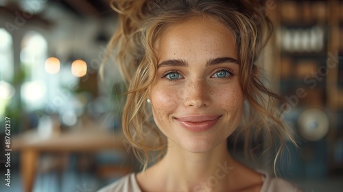 Portrait of a Smiling Young Woman in a Cozy Cafe
