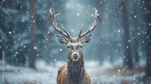 A deer standing in the middle of a forest with snow falling on it's antlers and trees in the background. Created By Generative Ai
