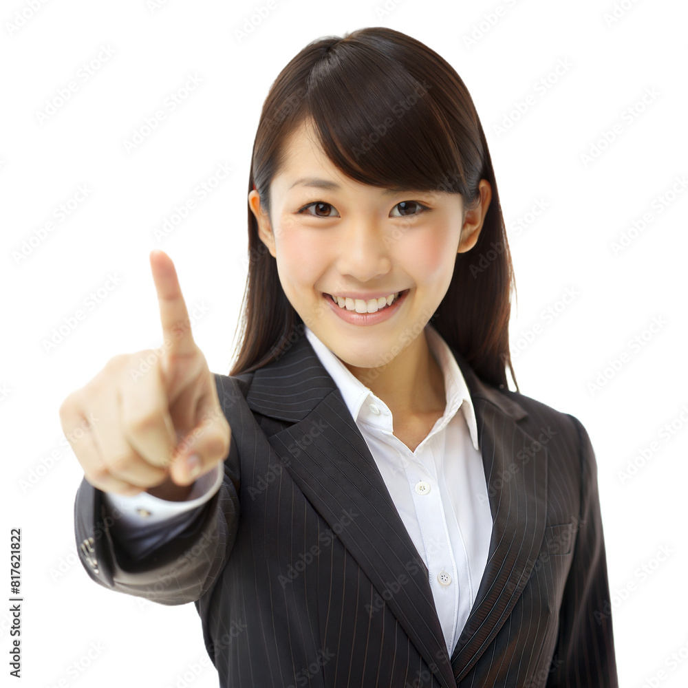 beautiful 20-year-old Japanese business woman pointing his finger (white background)