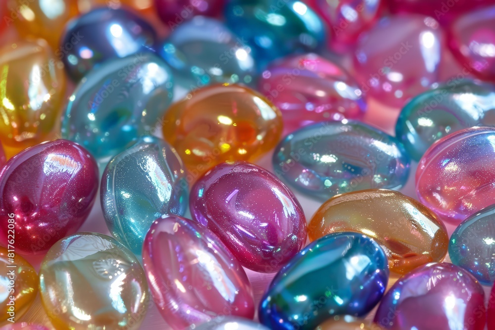 A bunch of colorful beads with a shiny, reflective surface A bunch of colorful beads with a shiny, reflective surface