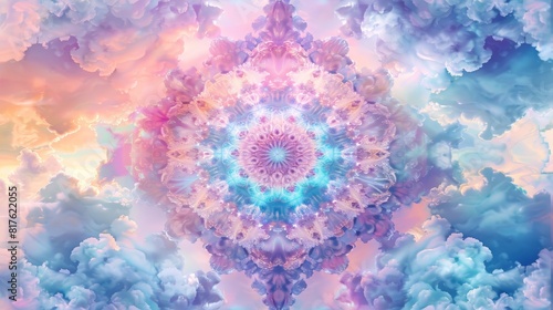 A colorful  abstract design of a flower with a blue center and pink