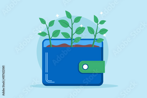 Flat illustration of Plant growth on wallet seedlings investments saving potential wealth