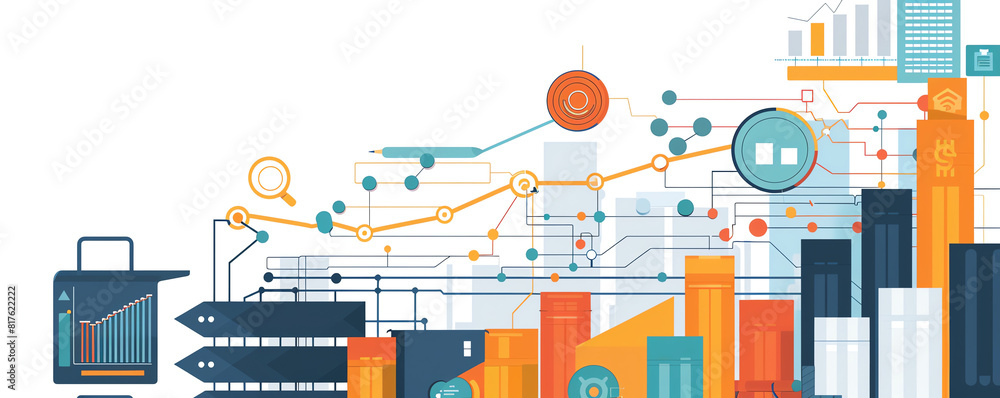 Obraz premium Supply chain analytics flat design side view data visualization cartoon drawing Tetradic color scheme