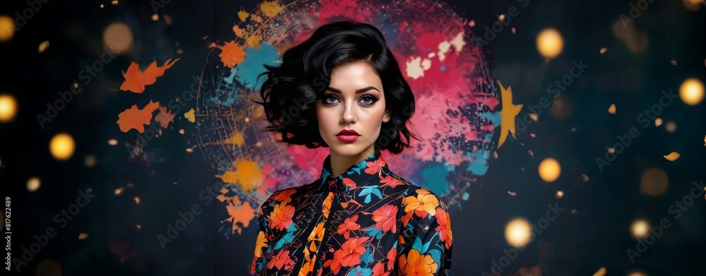 A woman is standing in front of a colorful background with a star in the middle