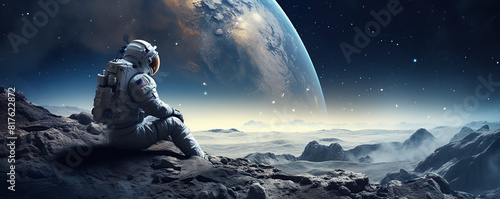 Astronaut Sitting on Rock Looking at Earth