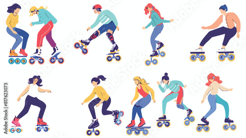 People roller skating set. Happy men women child skat