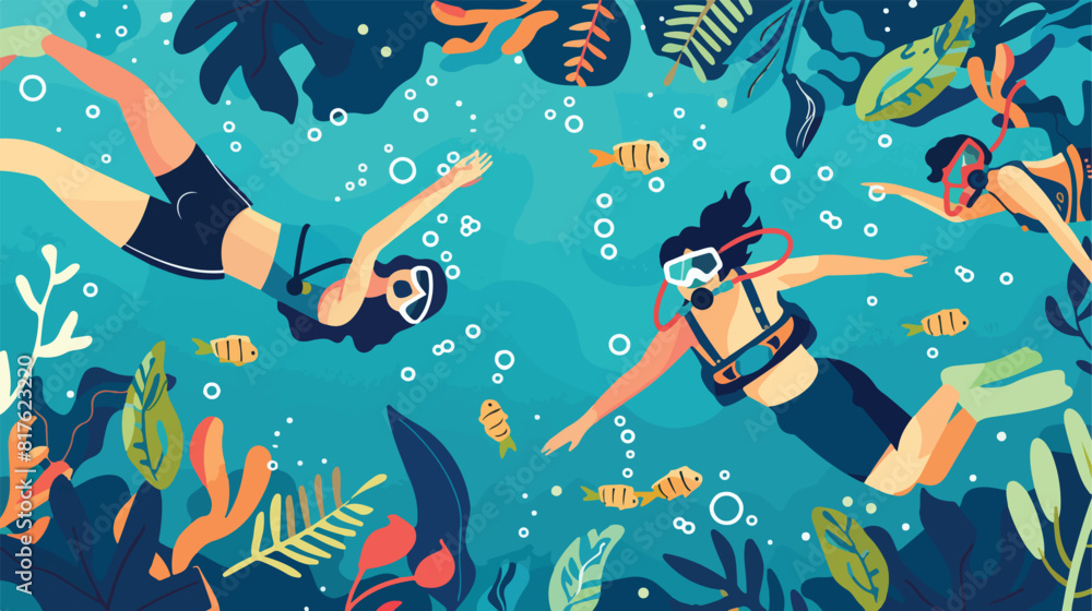People snorkeling flat vector illustration. Diving su