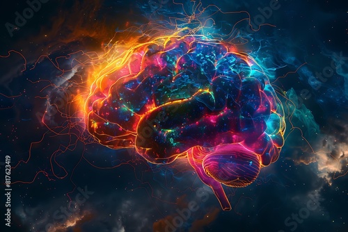 scifi artwork brain. rainbow glowing brain digital art. human brain technology concept digital. organ anatomy photo