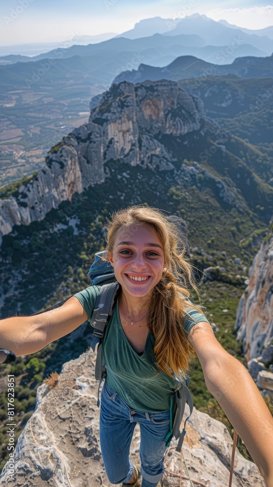 A woman is smiling and taking a selfie on a mountain. Concept of adventure and excitement, as the woman is posing on a high cliff, capturing a memorable moment A woman is smiling and taking a selfie on a mountain. Concept of adventure and excitement, as the woman is posing on a high cliff, capturing a memorable moment
