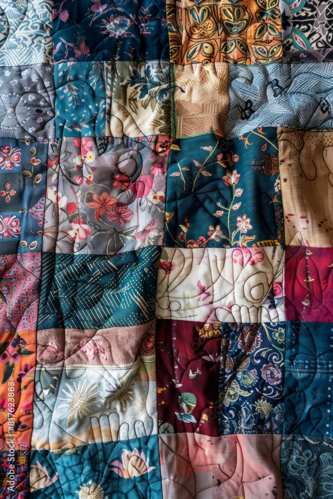 Closeup view of a patchwork quilt, with different fabrics and stitching patterns contributing to the textured design. Closeup view of a patchwork quilt, with different fabrics and stitching patterns contributing to the textured design.