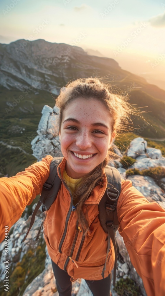 A woman is smiling and taking a selfie on a mountain. She is wearing an orange jacket and has a backpack on A woman is smiling and taking a selfie on a mountain. She is wearing an orange jacket and has a backpack on