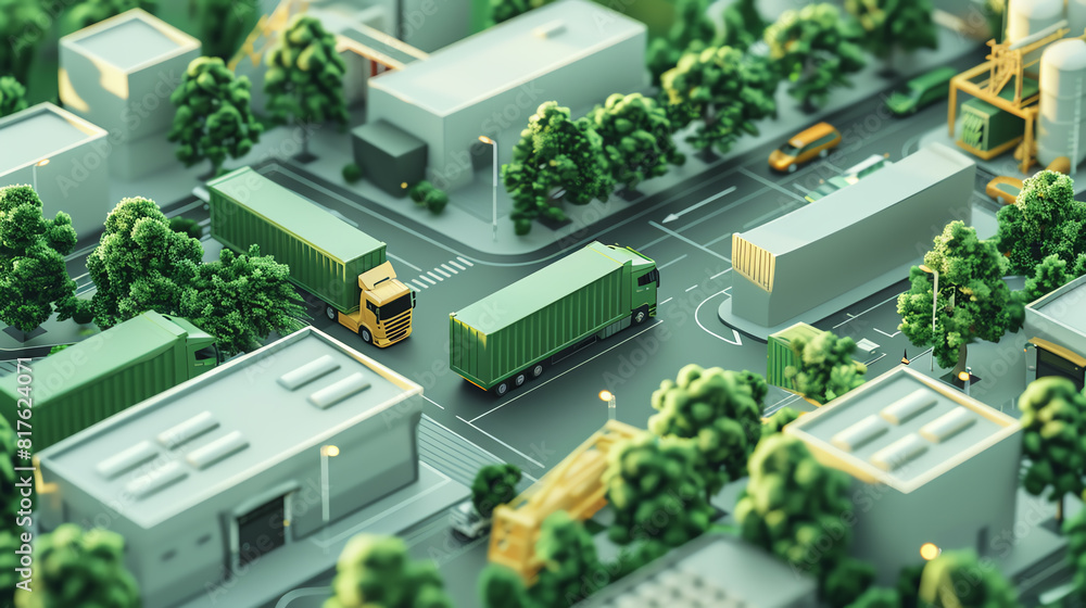 Supply chain sustainability flat design top view green logistics 3D render Triadic Color Scheme Supply chain sustainability flat design top view green logistics 3D render Triadic Color Scheme