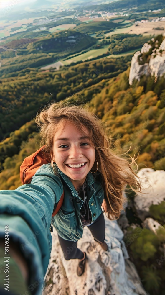 A woman is taking a selfie on a mountain top. She is smiling and wearing a blue jacket A woman is taking a selfie on a mountain top. She is smiling and wearing a blue jacket