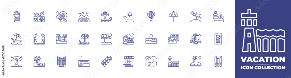 Vacation line icon collection. Editable stroke. Vector illustration. Containing beach, rowboat, sunumbrella, sunbed, sleepingbag, airplaneticket, airmattress, palmtree, hammock.