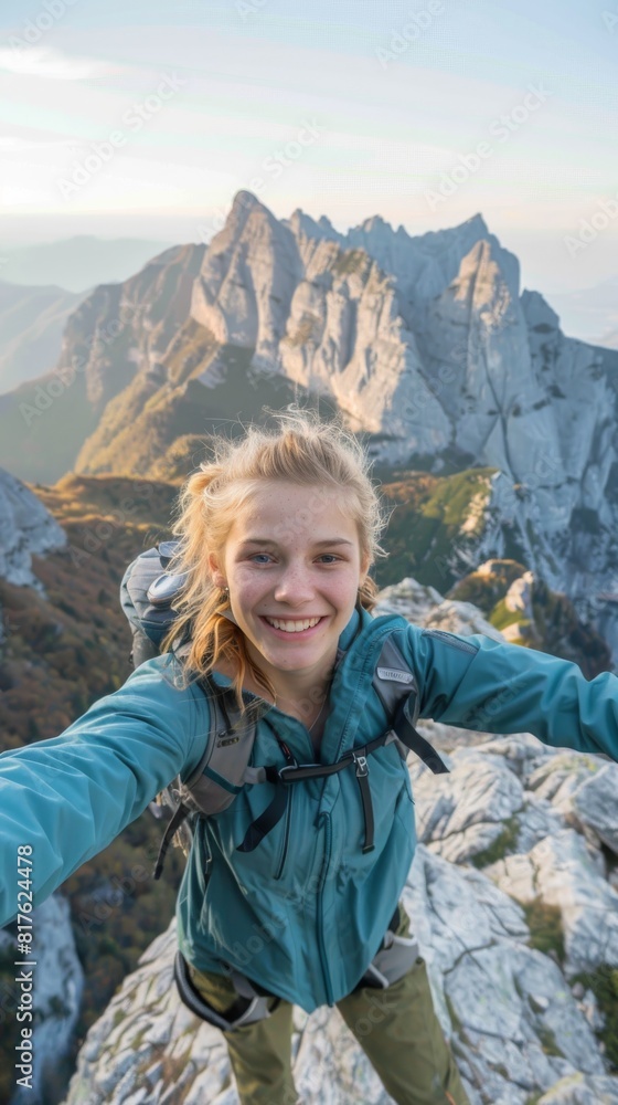 A woman is smiling and taking a selfie on a mountain. She is wearing a blue jacket and has a backpack on her back. Concept of adventure and excitement, as the woman is enjoying her time outdoors