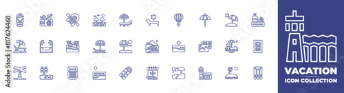 Vacation line icon collection. Editable stroke. Vector illustration. Containing beach, rowboat, sunumbrella, sunbed, sleepingbag, airplaneticket, airmattress, palmtree, hammock. photo