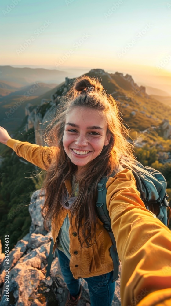 A woman with long hair is smiling and taking a selfie on a mountain. The photo has a happy and adventurous mood A woman with long hair is smiling and taking a selfie on a mountain. The photo has a happy and adventurous mood