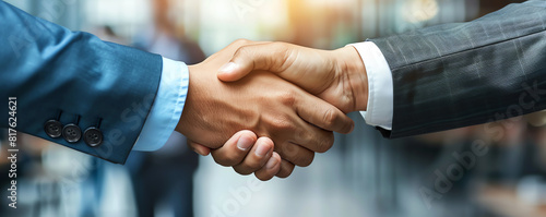 Close-up of two businesspeople shaking hands, symbolizing partnership, agreement, trust, and professional collaboration in a corporate setting.