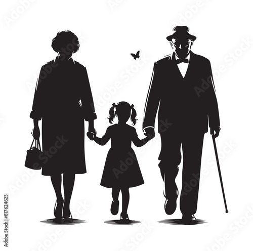 Silhouette  of grandparents walking with 
granddaughter Illustration icon vector