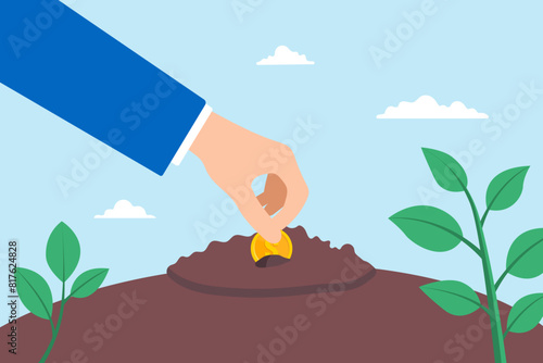 Flat illustration of hand planting coins in ground or soil investments nurturing savings