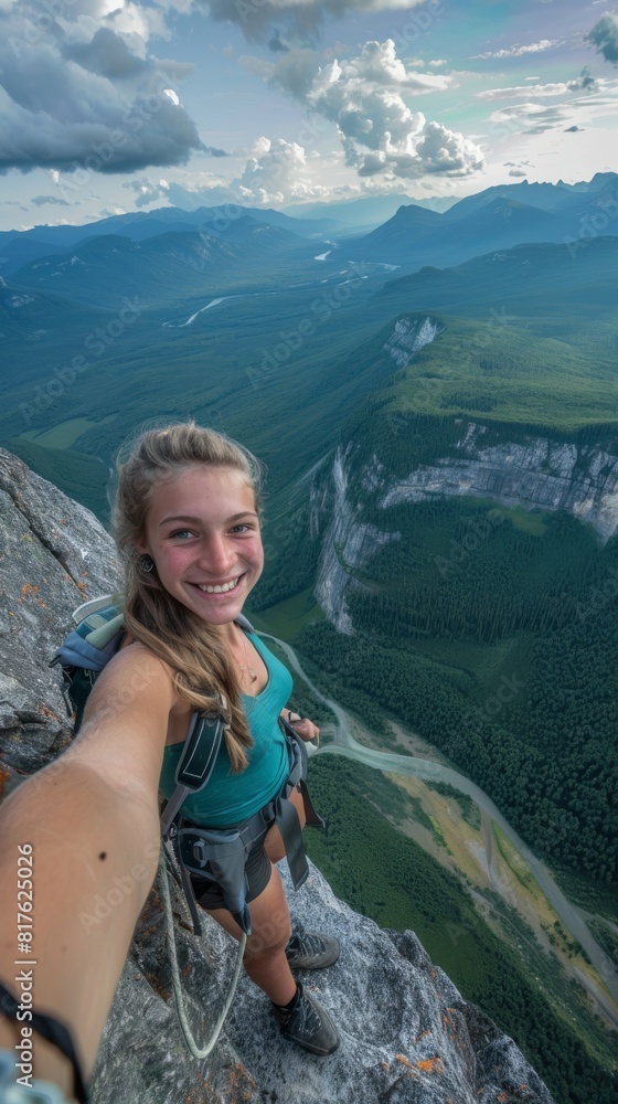 A woman is taking a selfie from the top of a mountain. She is smiling and wearing a green shirt. The mountain range in the background is lush and green, and there is a river running through it A woman is taking a selfie from the top of a mountain. She is smiling and wearing a green shirt. The mountain range in the background is lush and green, and there is a river running through it