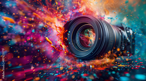 Vivid Explosion Of Colors Surrounding A Professional Camera Lens Capturing Creativity