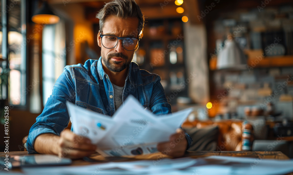 Focused Businessman in Glasses Reviewing Financial Documents at a Rustic Cafe Table, Concentration in Remote Work Environment Focused Businessman in Glasses Reviewing Financial Documents at a Rustic Cafe Table, Concentration in Remote Work Environment