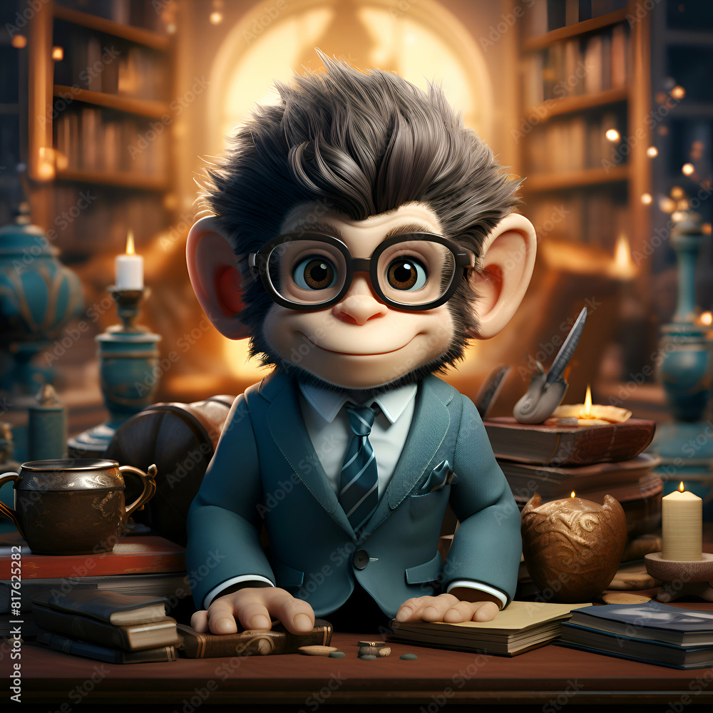 3d illustration of a little boy in a blue suit and glasses. reading a book.