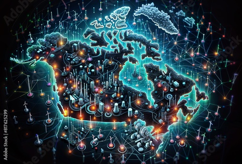 Canada's energy map with highlighted nodes and lines for consumption and generation, illustrating the vibrant electricity network.