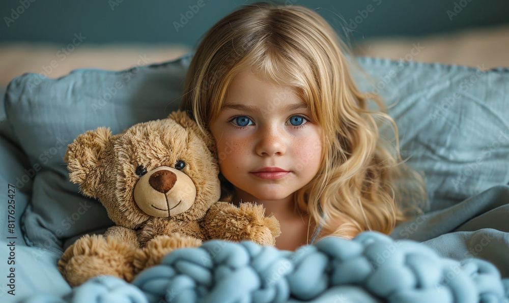 Young Girl with Soft Toy on Colorful Background Expressing Calmness and Innocence, Perfect Image for Home Decor and Children's Themes Young Girl with Soft Toy on Colorful Background Expressing Calmness and Innocence, Perfect Image for Home Decor and Children's Themes