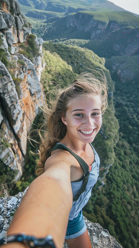 Naklejka premium A woman is taking a selfie from the top of a mountain. She is smiling and holding her arm out to the side