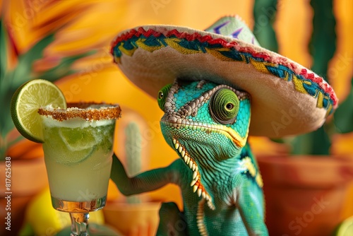 chameleon in sombrero holding lime margarita with salt, Cinco de Mayo Feast, Mexican Delicacies banner photo