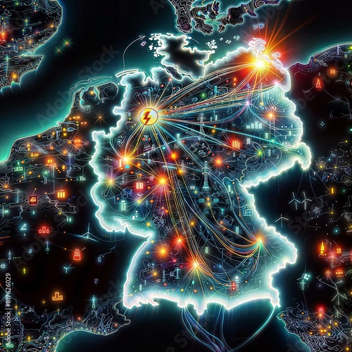 Germany's energy landscape mapped with nodes and lines, showcasing the transmission and generation of electricity.